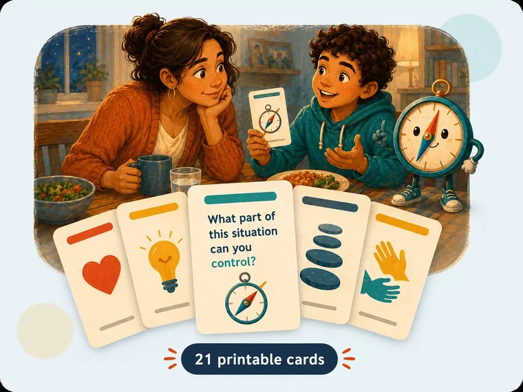 Bonus one: a parent and child talking over the printable conversation cards, one of them asking “What part of this situation can you control?”