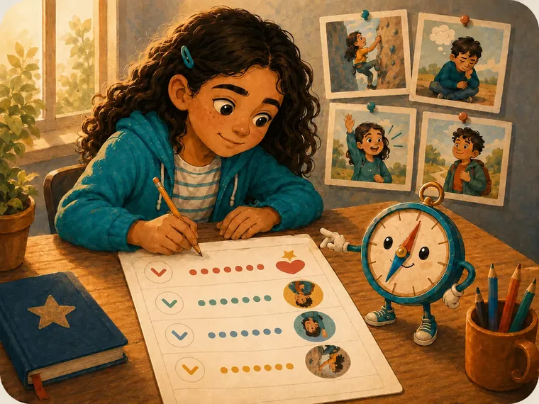 Bonus two: a girl at her desk filling in the printable Weekly Courage Tracker for the week.