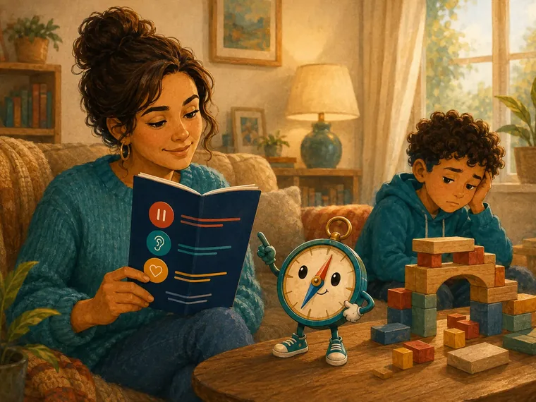 Bonus three: a parent reading the Quick-Start Guide on the couch while their child plays nearby.