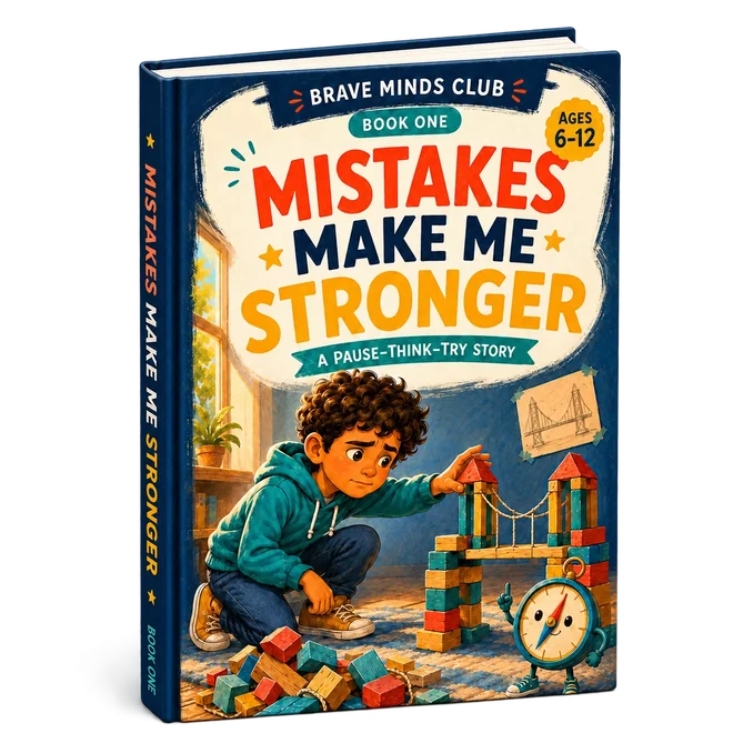 Cover of Book One, Mistakes Make Me Stronger: a boy kneeling to rebuild a block tower after it collapsed, with the fallen blocks around him.