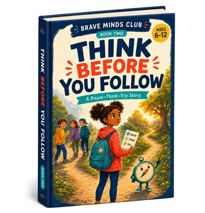 Cover of Book Two, Think Before You Follow: a girl with a backpack stopping on a path to read a Pause–Think–Try card while other children walk on ahead of her.