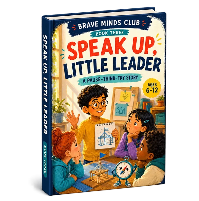 Cover of Book Three, Speak Up, Little Leader: a boy holding up a drawing to share his idea while three other children sit and listen.