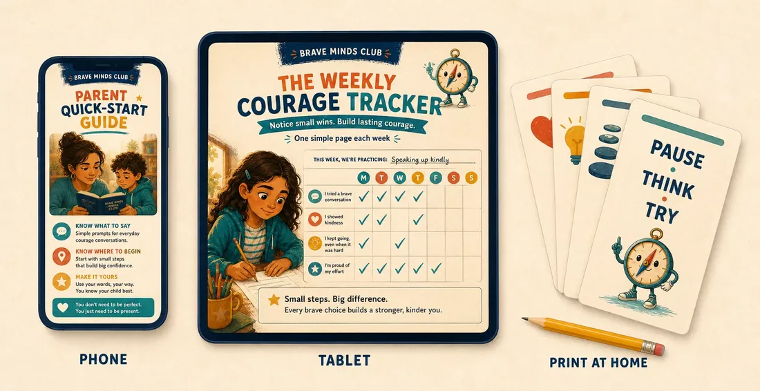 The same pages shown on a phone screen, on a tablet, and as printed activity sheets.
