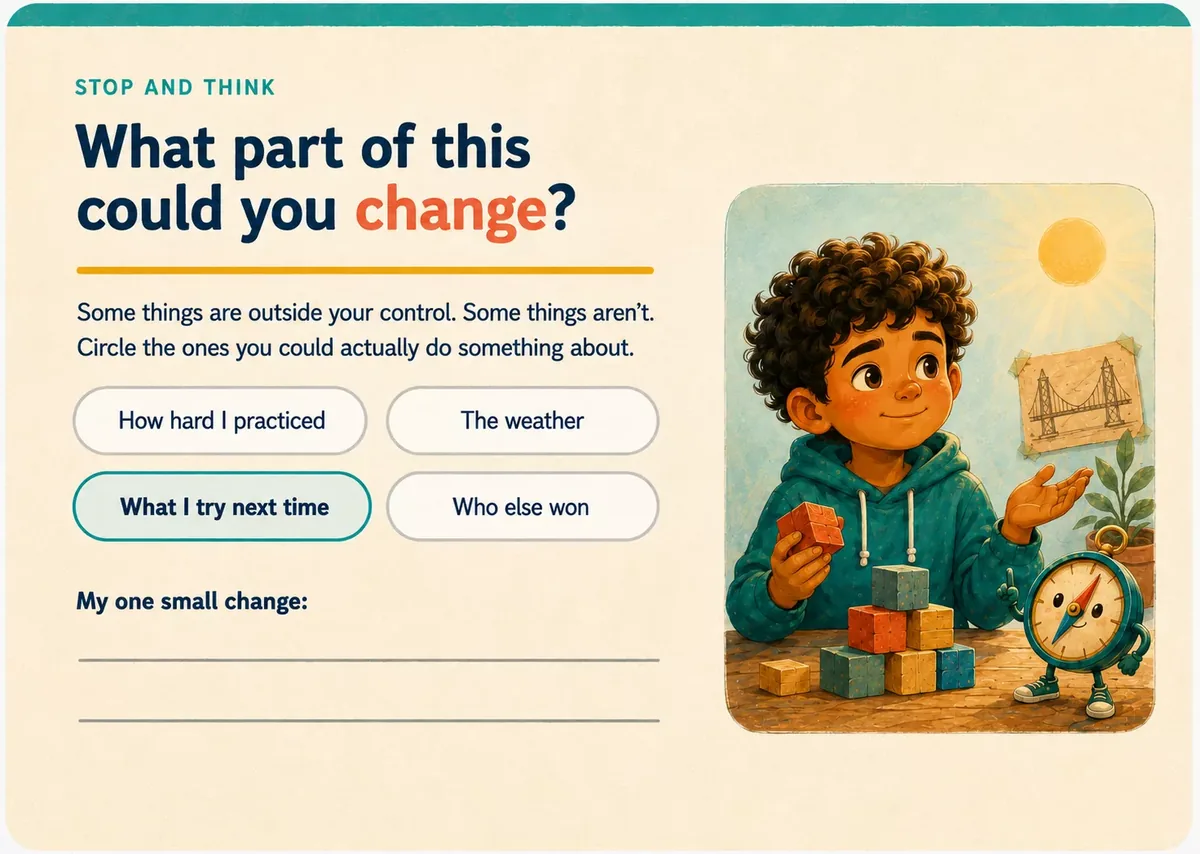 Sample page from Book Two: a reflection page asking which parts of a situation the child could actually change.