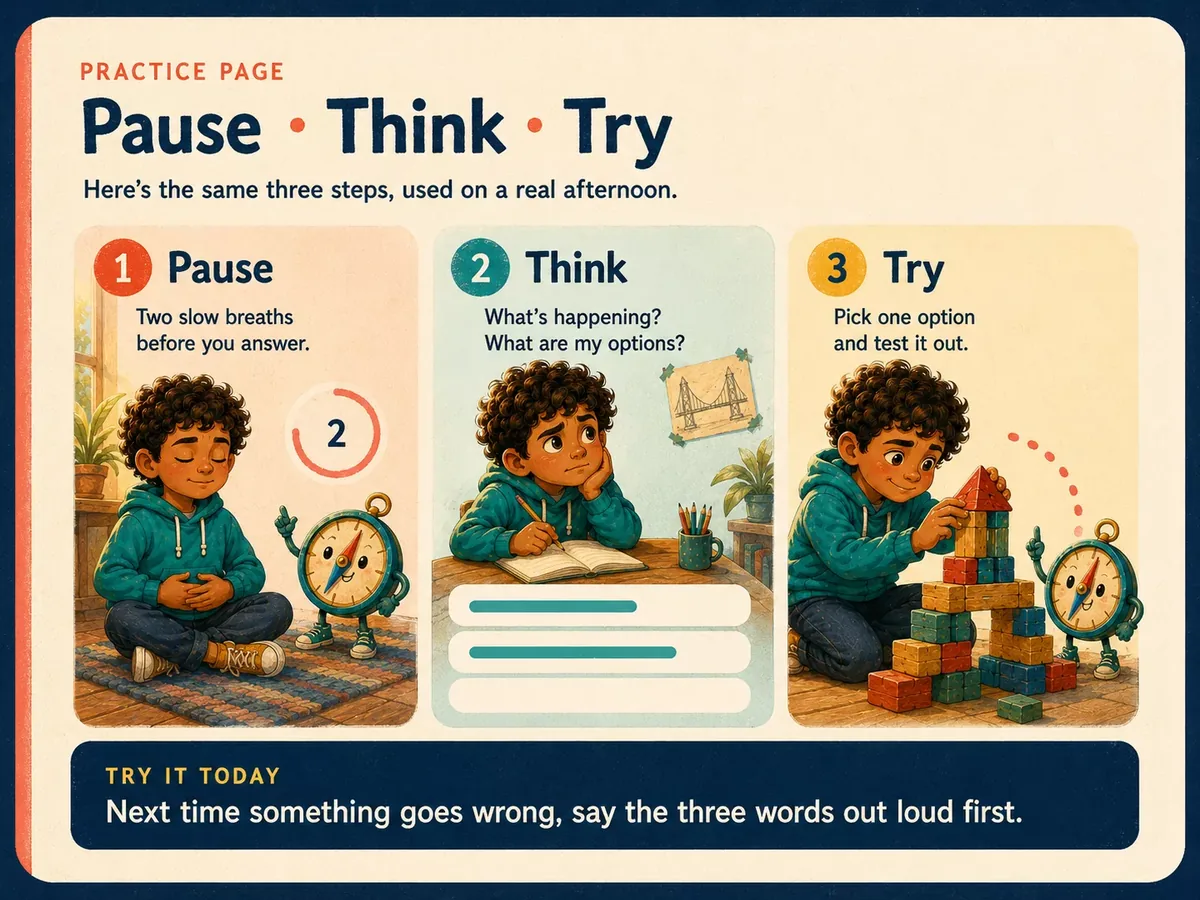 Sample page: the Pause, Think, Try exercise laid out in three colored panels with a worked example.