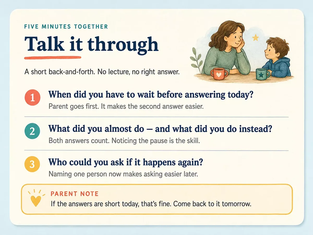 Sample page from Book Three: a five-minute family conversation page with three questions to talk through together.