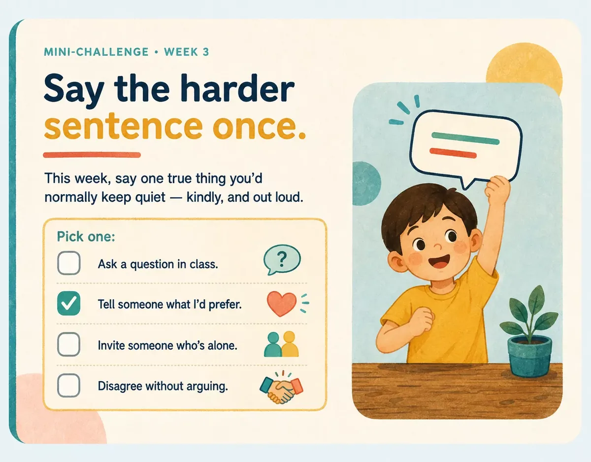 Sample page: a weekly mini-challenge card titled “Say the harder sentence once,” with four options to choose from.
