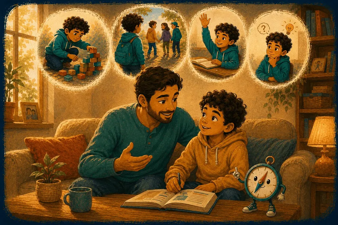 A parent and child sitting close together on the couch with an open book, with small scenes above them showing the everyday moments the stories cover.